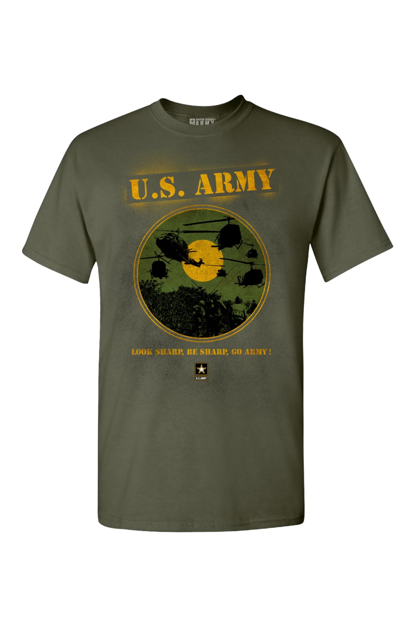 Expert Apparel Made in USA Men's cotton tee Army Look Sharp Logo Helicopter in military green#color_military-green