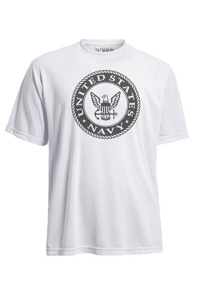 Expert Apparel Men's Made in USA Navy Logo Graphic workout performance tee in white#color_white