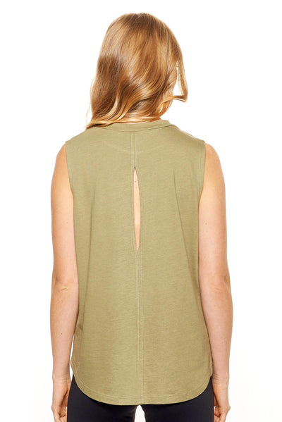 Expert Apparel Retail Women's Hemp Organic Cotton Slit Back Hi-Lo Muscle Tank in Aloe Image 2#color_aloe