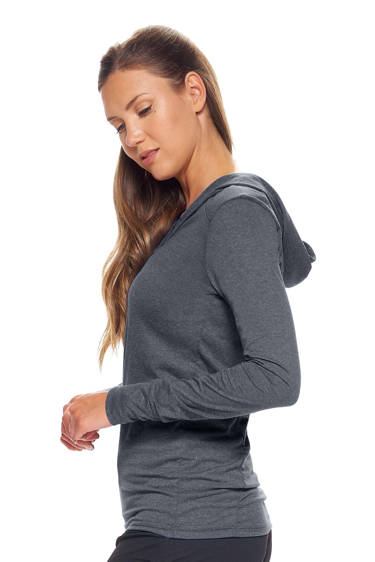 Expert Apparel Women's Hoodie Shirt Performance Made in USA in Dark Heather Charcoal Image 2#color_dark-heather-charcoal