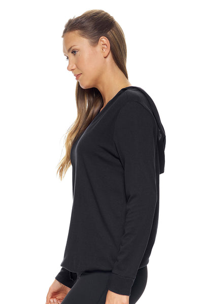 Expert Apparel Retail Women's MoCA™ V-Neck Cinch Hoodie in Black Image 2#color_black