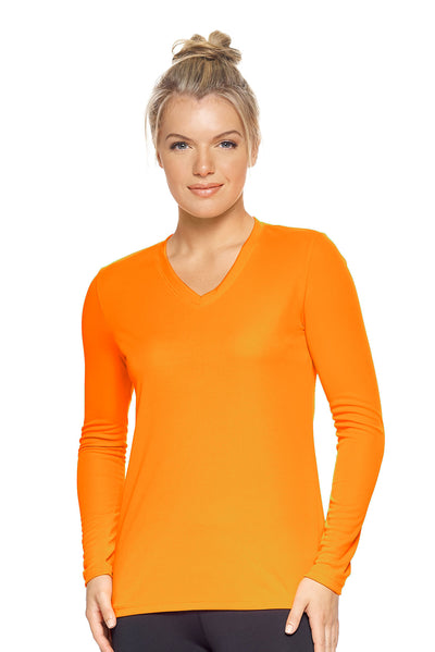 Expert Brand Apparel Womens Activewear Womens Sportswear Made in USA Long Sleeve Tec Tee Runners Tee V Neck safety orange#color_safety-orange