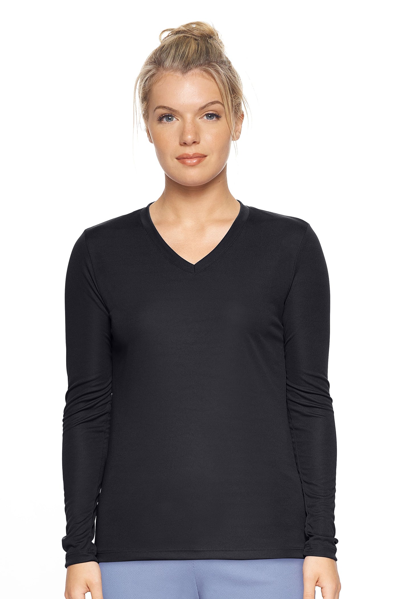 Expert Brand Retail Womens Activewear Womens Sportswear Made in USA Long Sleeve Tec Tee Runners Tee V Neck black#color_black
