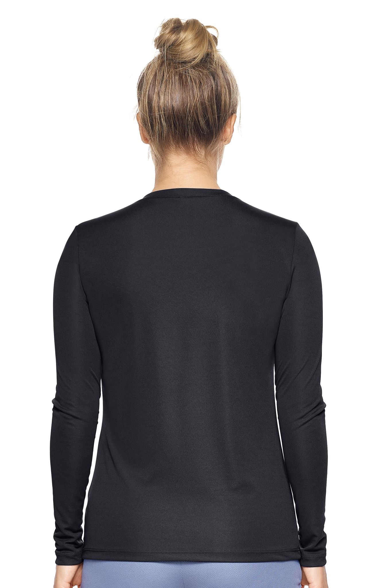 Expert Brand Retail Womens Activewear Womens Sportswear Made in USA Long Sleeve Tec Tee Runners Tee V Neck black 3#color_black