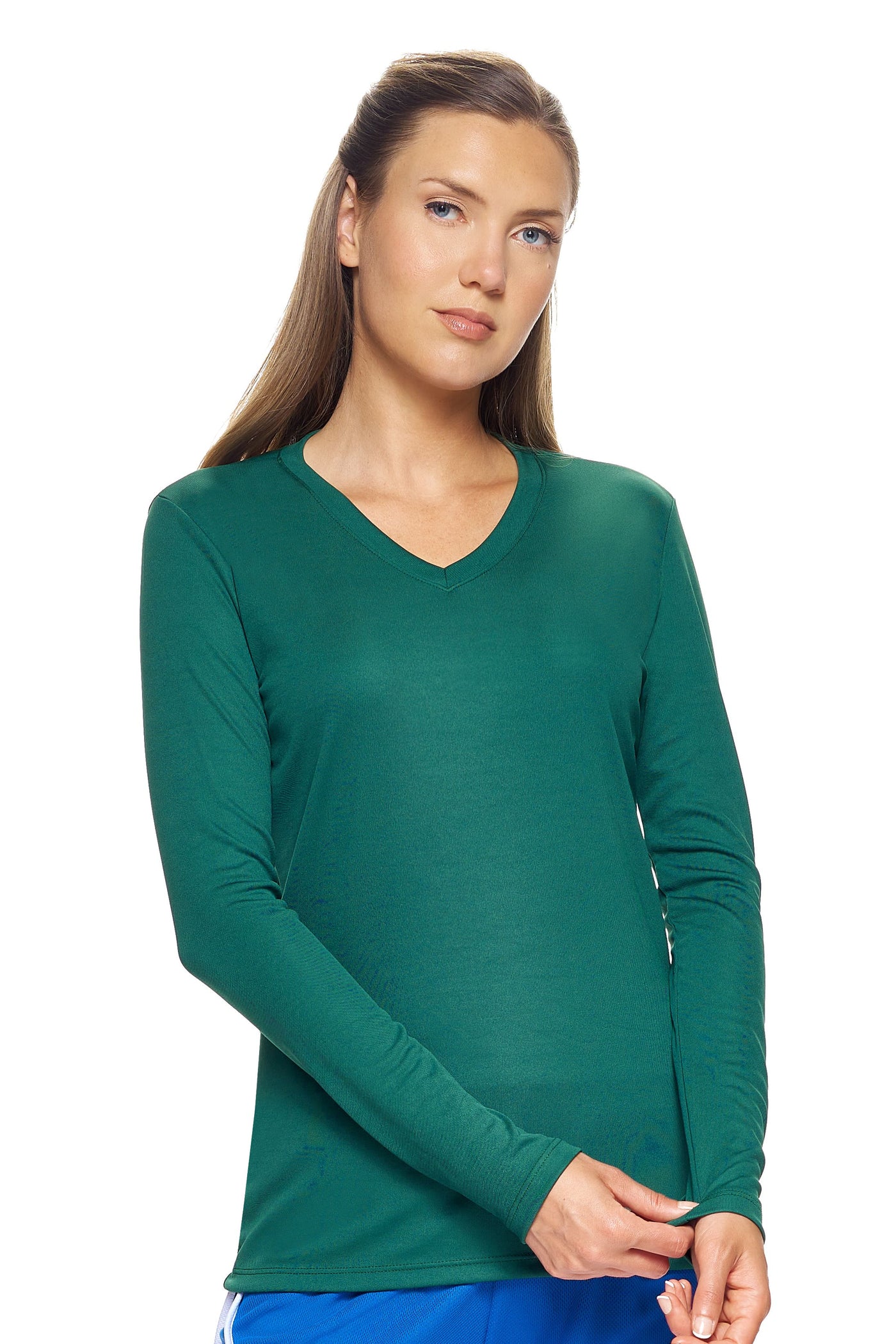 Expert Brand Retail Womens Activewear Womens Sportswear Made in USA Long Sleeve Tec Tee Runners Tee V Neck Forest Green#color_forest-green