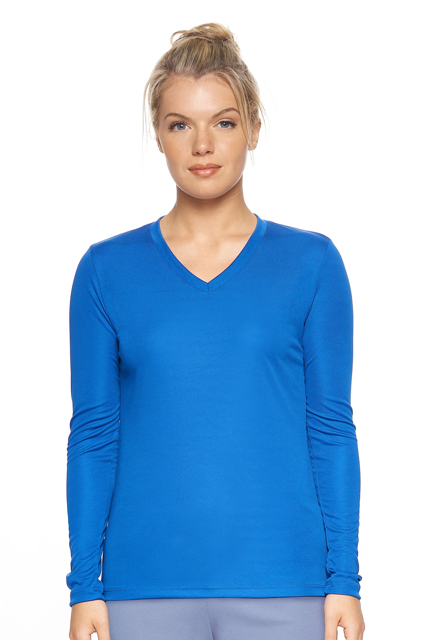 Expert Brand Retail Womens Activewear Womens Sportswear Made in USA Long Sleeve Tec Tee Runners Tee V Neck royal blue#color_royal-blue