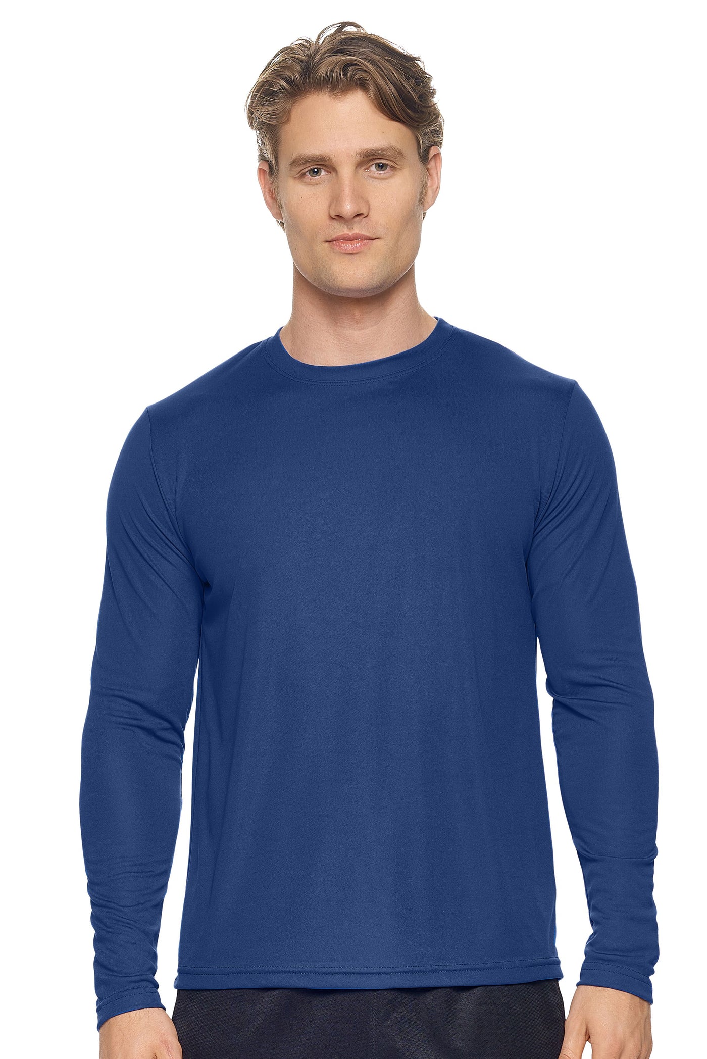Expert Brand Retail Activewear Men's Sportswear Performance Fitness Crewneck Long Sleeve Tec Shirt Made in USA in navy#color_navy
