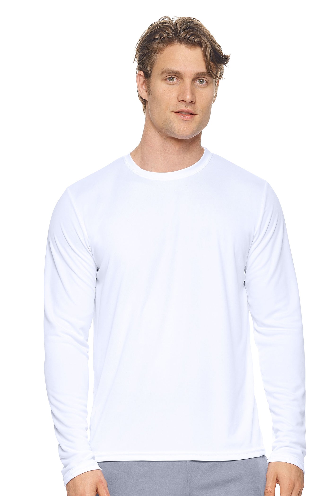 Expert Brand Retail Activewear Men's Sportswear Performance Fitness Crewneck Long Sleeve Tec Shirt Made in USA in white#color_white