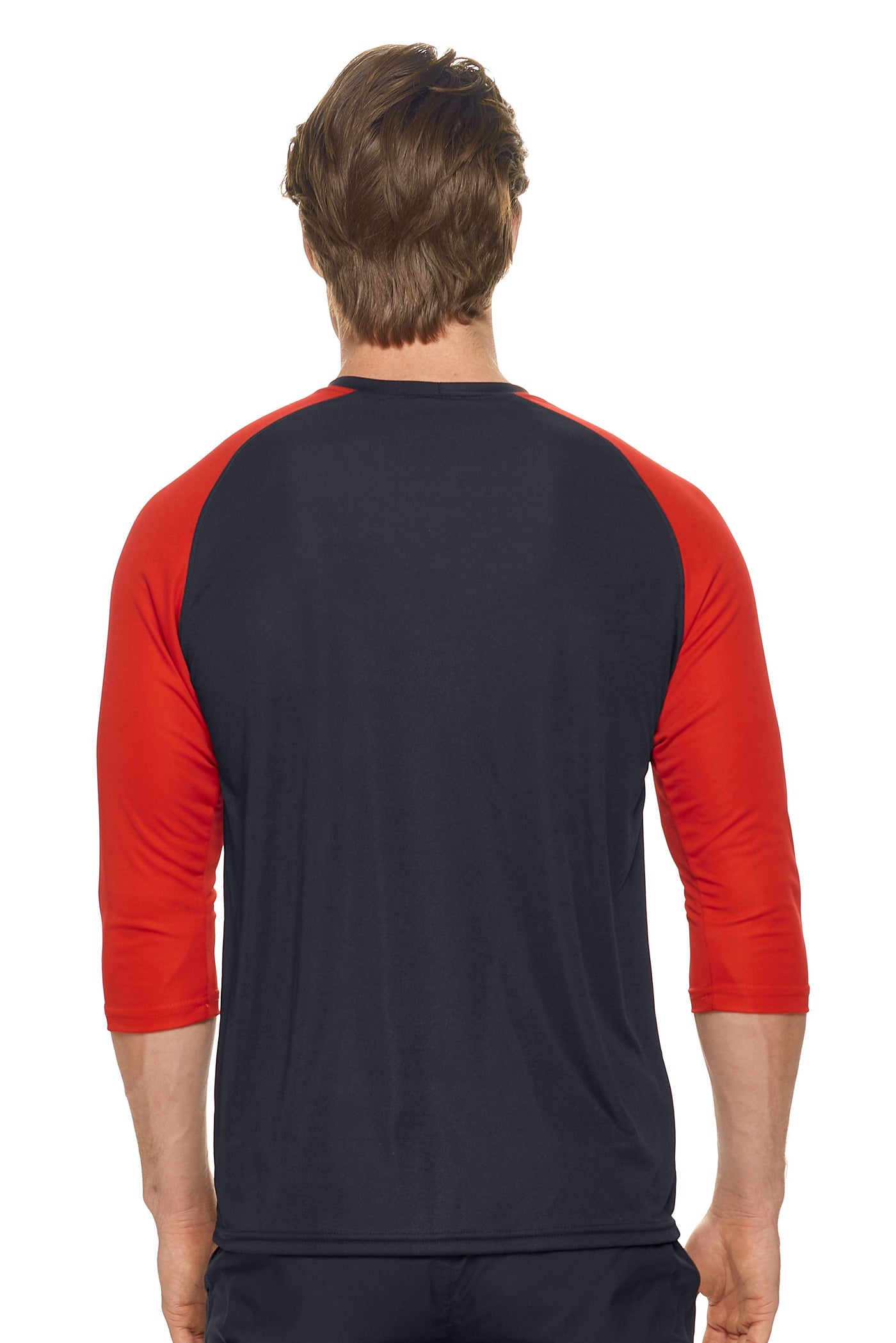 Expert Brand Men's pk MaX™ ¾ Raglan Sleeve Outfitter Crewneck in Black and Red image 3#color_black-red