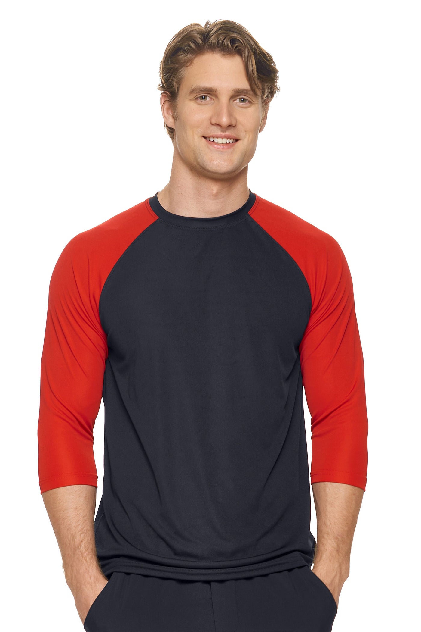 Expert Brand Men's pk MaX™ ¾ Raglan Sleeve Outfitter Crewneck in Black and Red#color_black-red