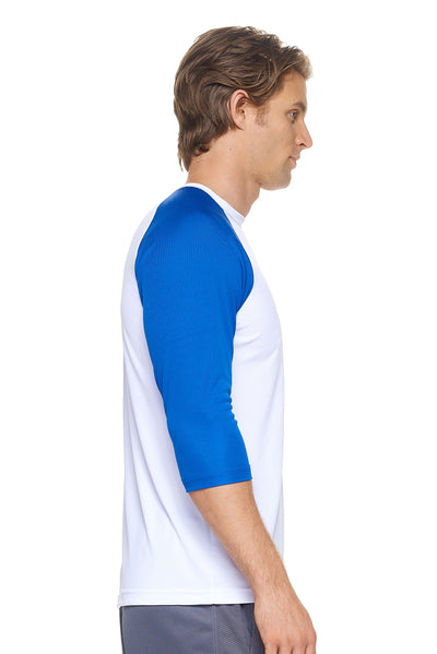 Expert Brand Men's pk MaX™ ¾ Raglan Sleeve Outfitter Crewneck in White and Royal Image 2Expert Brand Men's pk MaX™ ¾ Raglan Sleeve Outfitter Crewneck in White and Royal#color_white-royal