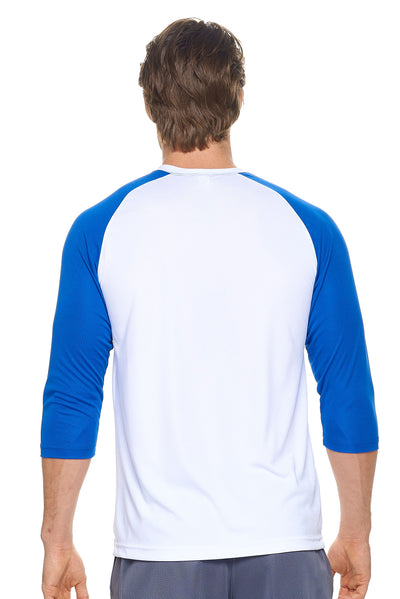 Expert Brand Men's pk MaX™ ¾ Raglan Sleeve Outfitter Crewneck in White and Royal Image 3Expert Brand Men's pk MaX™ ¾ Raglan Sleeve Outfitter Crewneck in White and Royal#color_white-royal