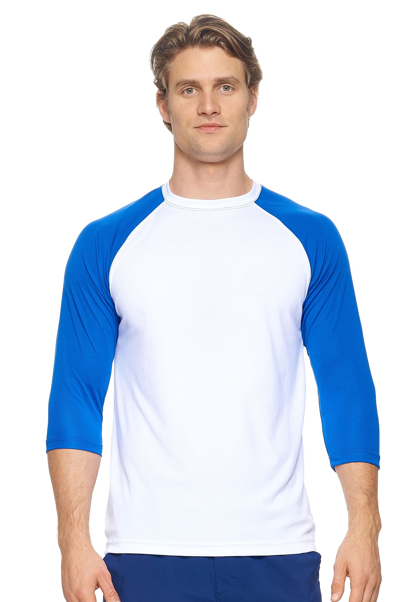 Expert Brand Men's pk MaX™ ¾ Raglan Sleeve Outfitter Crewneck in White and Royal#color_white-royal