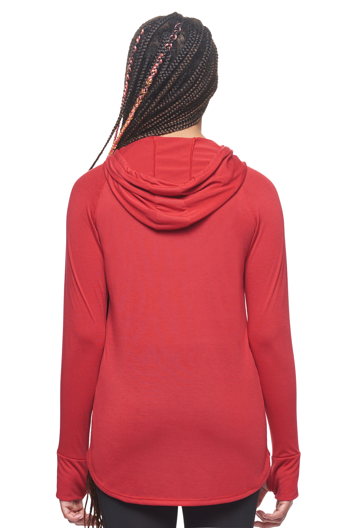 A female model with braided hair on a white background, wearing the Women's Siro Curvy Hoodie Shirt in the color scarlet from a cropped back view. This hoodie shirt is made in the USA and is quick-drying and moisture-wicking. #color_scarlet