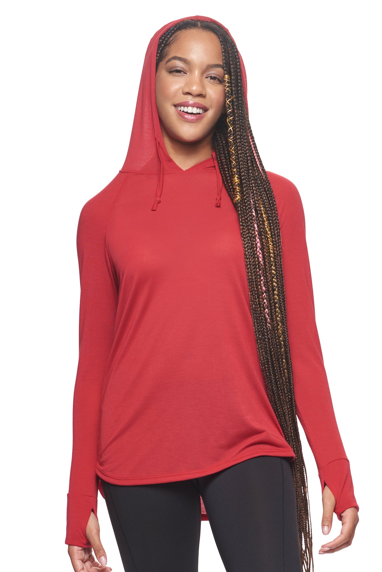 A female model with braided hair on a white background, wearing the Women's Siro Curvy Hoodie Shirt in the color scarlet from a cropped front view. This hoodie shirt is made in the USA and is quick-drying and moisture-wicking. #color_scarlet