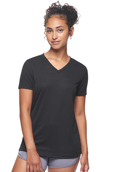 Expert Brand Made in the USA sportswear activewear women's oxymesh v-neck tec tee black#color_black