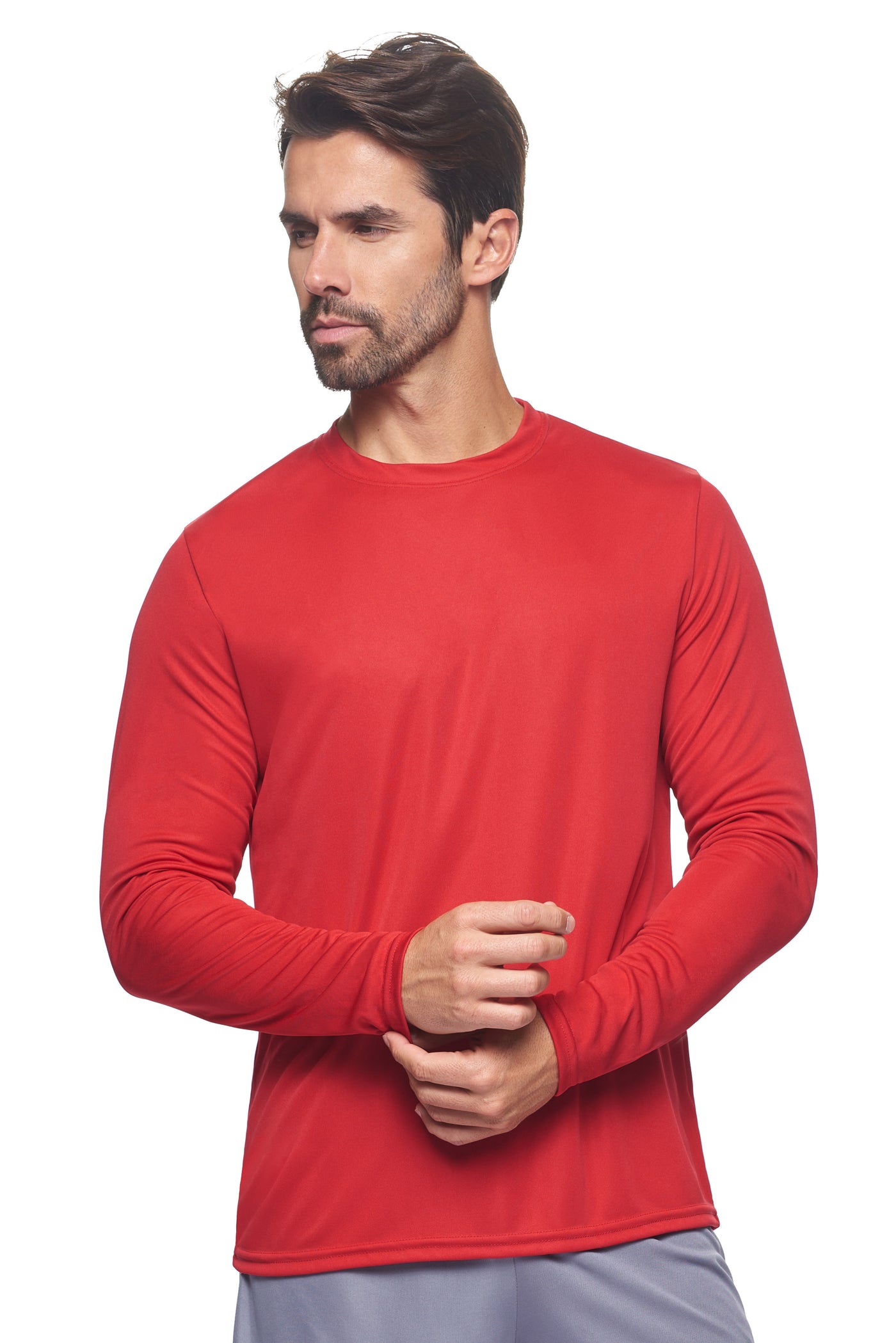 Expert Brand Retail Activewear Men's Sportswear Performance Fitness Crewneck Long Sleeve Tec Shirt Made in USA in red#color_true-red