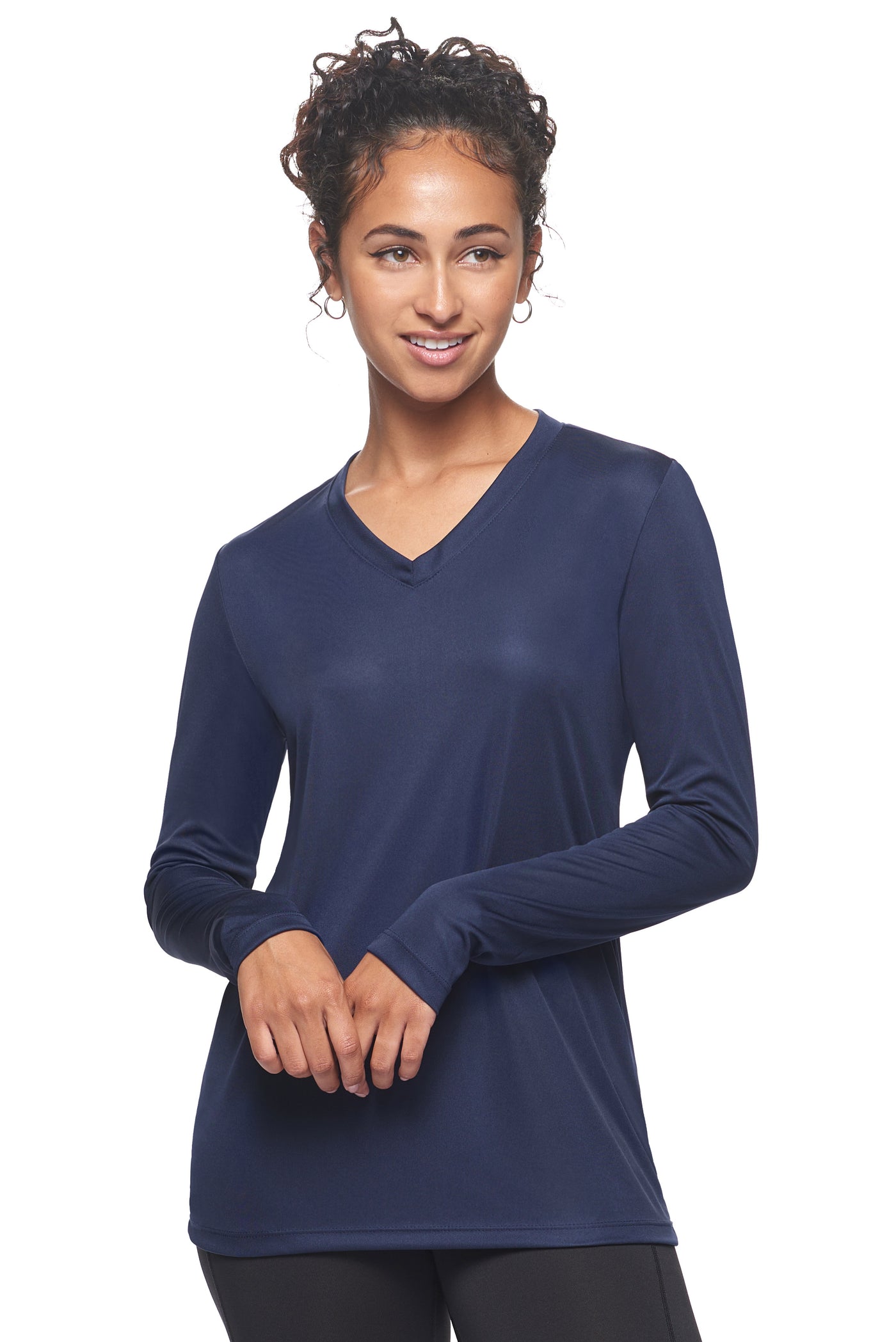 Expert Brand Retail Womens Activewear Womens Sportswear Made in USA Long Sleeve Tec Tee Runners Tee V Neck Navy Blue#color_navy