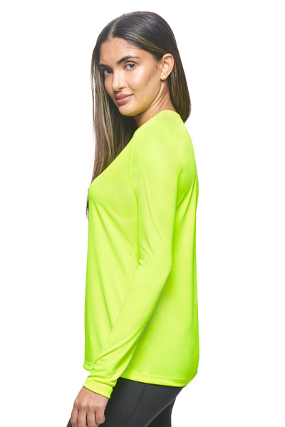 Expert Brand Retail Womens Activewear Womens Sportswear Made in USA Long Sleeve Tec Tee Runners Tee V Neck safety yellow#color_safety-yellow