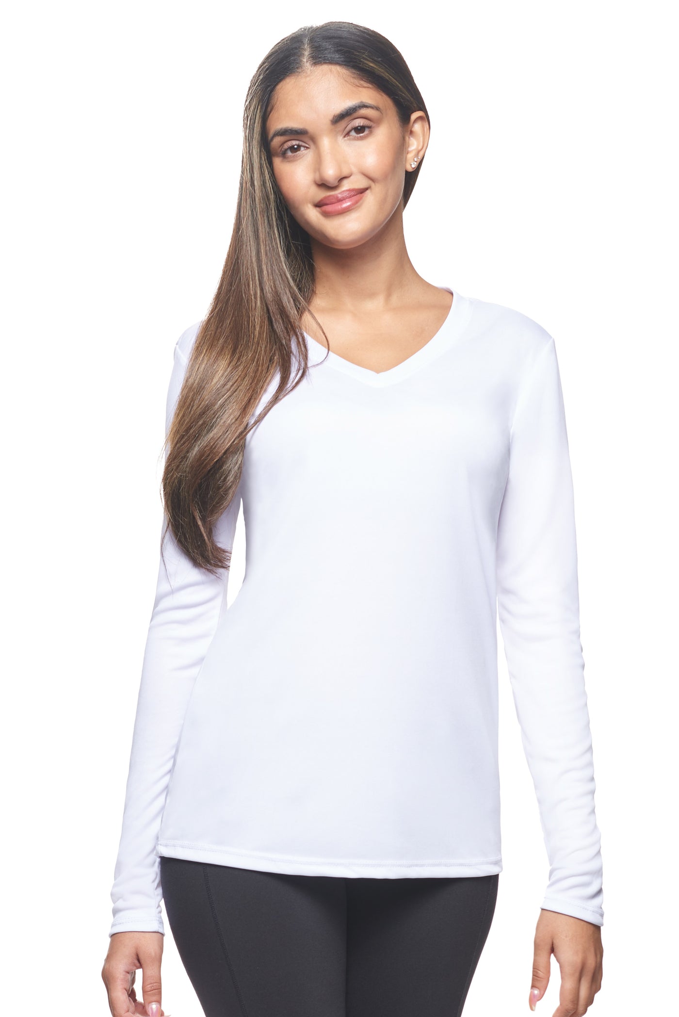 Expert Brand Retail Womens Activewear Womens Sportswear Made in USA Long Sleeve Tec Tee Runners Tee V Neck white#color_white